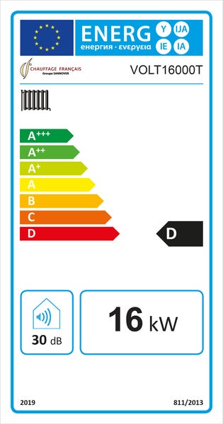 Energetický štítek pro radiátor VOLT16000T s třídou energetické účinnosti D, 16 kilowatt a 30 decibelů