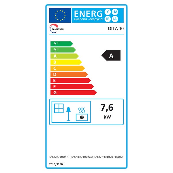 Energetický štítek EU pro Sannover Dita 10 s třídou energetické účinnosti A a tepelným výkonem 7,6 kilowattů.