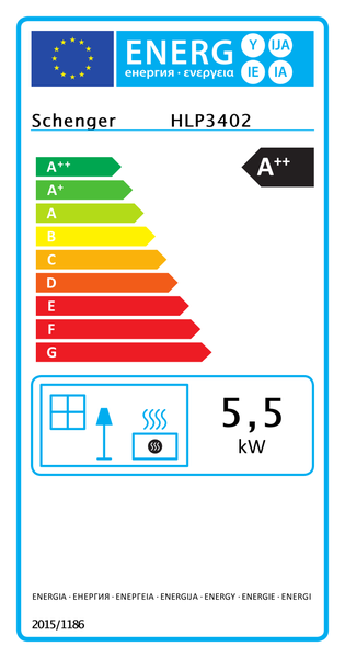 Energetický štítek Schenger HLP3402 s třídou energetické účinnosti A++ a spotřebou 5,5 kilowatt.