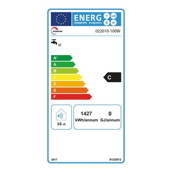 Sannover Logo, evropský energetický štítek model 022010-100W, třída C, zátěžový profil M, 15 decibelů, 1427 kilowatthodin za rok.