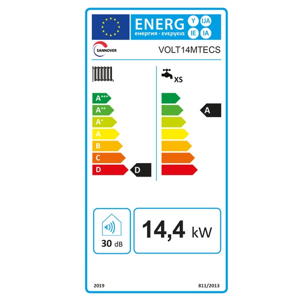 Energetický štítek pro Sannover VOLT14MTECS: vytápění třída D, ohřev vody třída A, profil XS, 14,4 kilowatt, 30 decibelů.