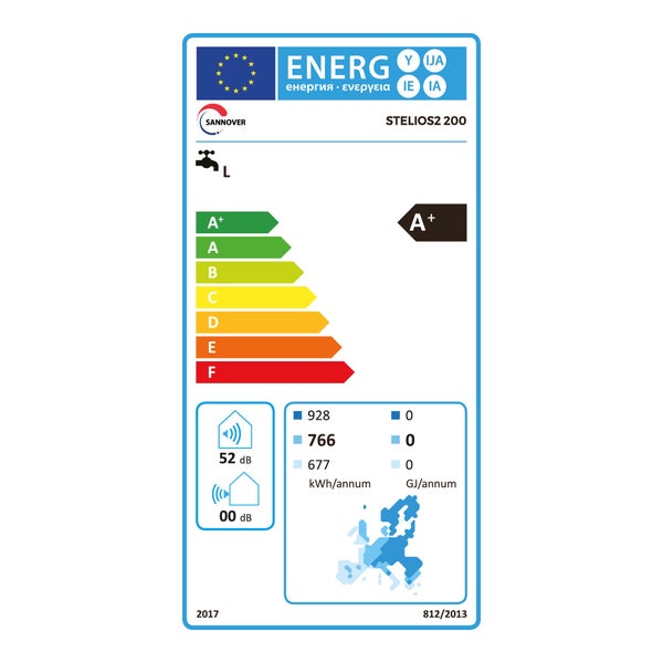 Energetický štítek EU pro Sannover STELIOS2 200, energetická třída A plus, zátěžový profil L, hladina akustického výkonu 52 decibelů.