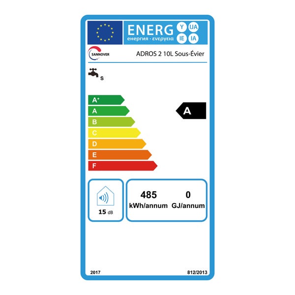 Energetický štítek EU pro Sannover ADROS 2 10L poddřezový ohřívač vody, energetická třída A, 485 kilowatthodin za rok, 15 decibelů.