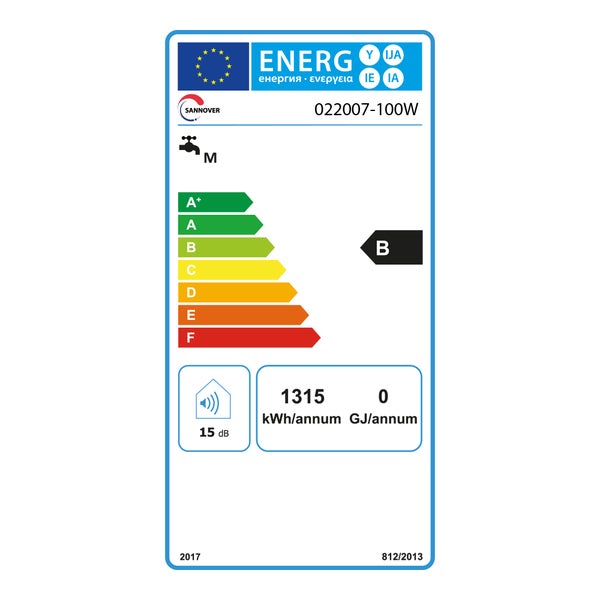 Energetický štítek EU pro Sannover 022007-100W, třída energetické účinnosti ohřevu vody B, 1315 kilowatthodin za rok, 15 decibelů.