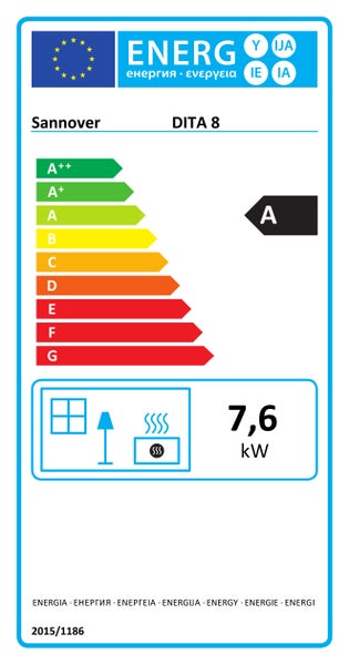 Evropský energetický štítek pro Sannover DITA 8, třída energetické účinnosti A, tepelný výkon 7,6 kilowattů.