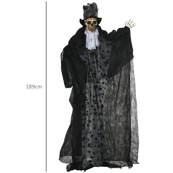 Halloweenská dekorační figurka kostra s kloboukem a pláštěm, výška cca 189 cm