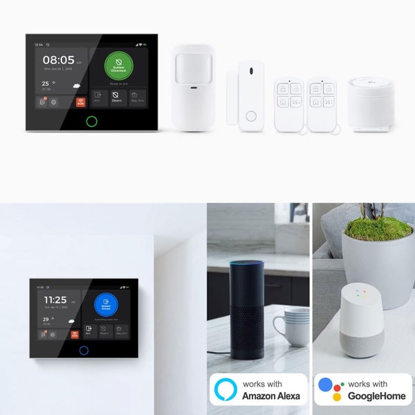 Chytrý domácí alarm s dotykovým panelem, detektorem pohybu, senzorem na okna a dveře, dálkovými ovladači, sirénou, Amazon Alexa a Google Home.