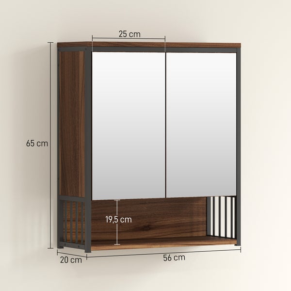 Koupelnová zrcadlová skříňka ze dřeva a kovu se dvěma dveřmi. Rozměry: šířka 56 centimetrů, výška 65 centimetrů, hloubka 20 centimetrů.