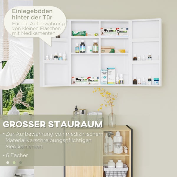 Nástěnná skříňka se zrcadlovými dvířky pro uložení léků s vnitřními přihrádkami a policemi pro organizované skladování malých lahviček
