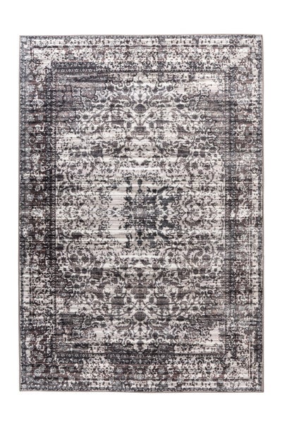 Koberec s ornamentálním vzorem ve stylu vintage, šedý a černý, obdélníkový.