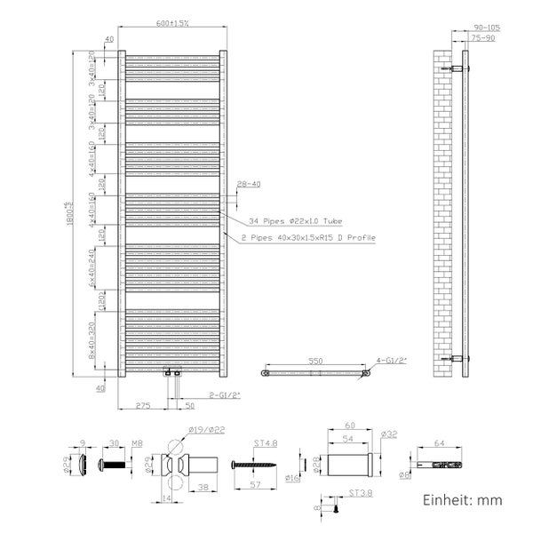 Technický výkres koupelnového radiátoru s rozměry v milimetrech, 1800 x 600 milimetrů, včetně montážních detailů.