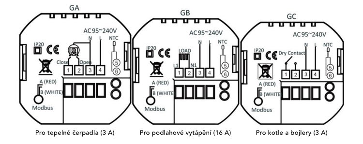 Schéma zapojení pro tři různé modely termostatů pro ovládání tepelných čerpadel, podlahového vytápění a kotlů či bojlerů.
