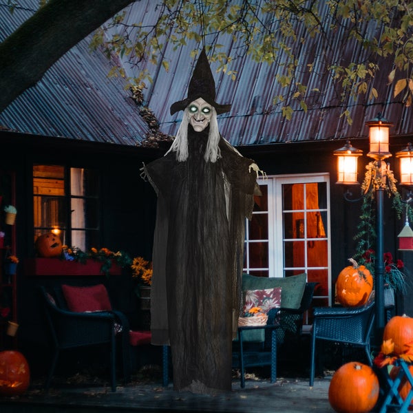 Scéna s visící halloweenskou čarodějnicí a dýněmi před domem