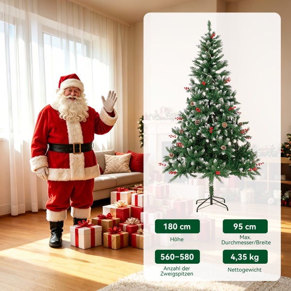 Vánoční stromek s umělým sněhem, šiškami a červenými bobulemi, výška 180 centimetrů, šířka 95 centimetrů, hmotnost 4,35 kilogramu, s Ježíškem.