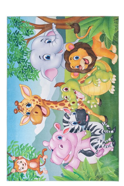 Barevný dětský koberec s kreslenými divokými zvířaty, jako je žirafa, slon, lev, zebra, hroch a opice v džungli.