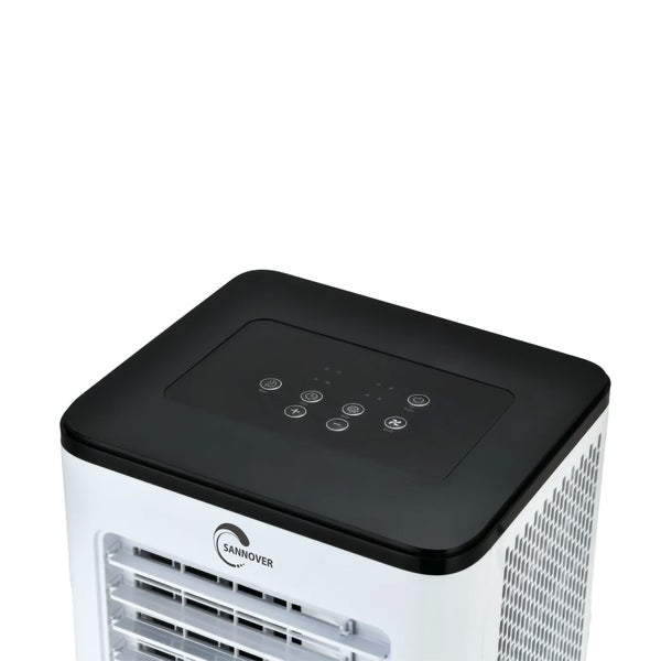 Horní pohled na mobilní ochlazovač vzduchu s Sannover Logo, černým ovládacím panelem a dotykovými tlačítky pro výkon, ventilátor a časovač.