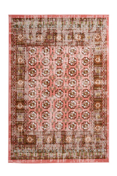 Obdélníkový koberec ve vintage designu s florálními vzory a dekorativním lemem.