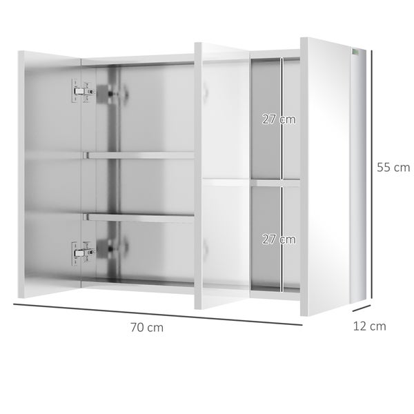 Zrcadlová skříňka do koupelny, tři dvířka, šířka 70 centimetrů, výška 55 centimetrů, hloubka 12 centimetrů, vnitřní police 27 centimetrů.
