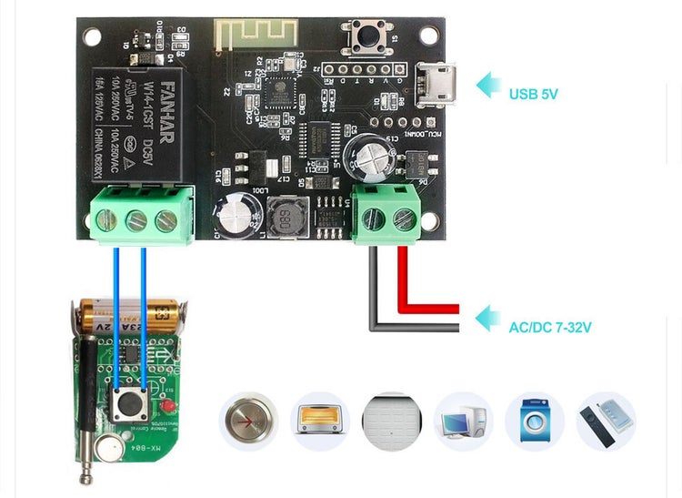 Modul Wi-Fi rele s plosnym spojem s USB pripojenim 5 voltu a napajenim 7 az 32 voltu stridaveho stejnosmerneho proudu pro chytrou domacnost