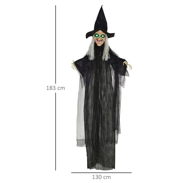 Halloweenská dekorace: Závěsná čarodějnice s kloboukem, šedivými vlasy a zářícíma očima, výška cca 183 cm