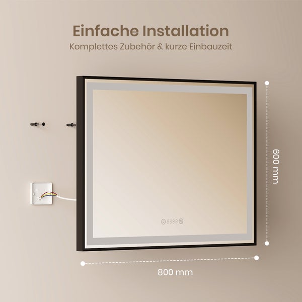Čtvercové zrcadlo s osvětlením pro snadnou instalaci, kompletní příslušenství a krátkou dobu instalace. Rozměry zrcadla jsou 600 mm x 800 mm.