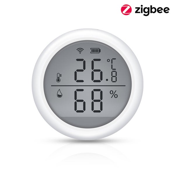 Digitální termo-hygrometr s logem Zigbee pro monitorování vnitřního klimatu s LCD displejem pro teplotu a vlhkost vzduchu.