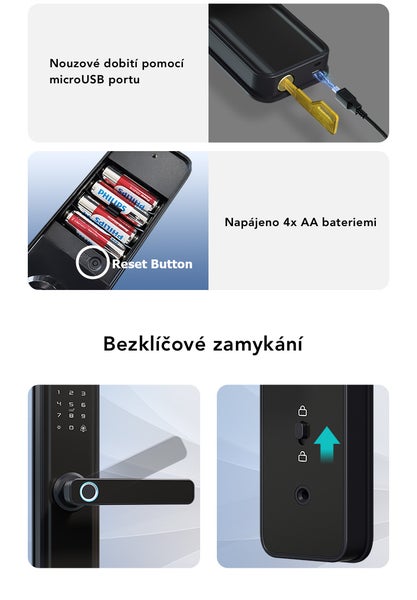 Detaily digitálního dveřního zámku s nouzovým napájením přes micro USB, provoz na čtyři AA baterie, tlačítko reset a bezklíčové zamykání.