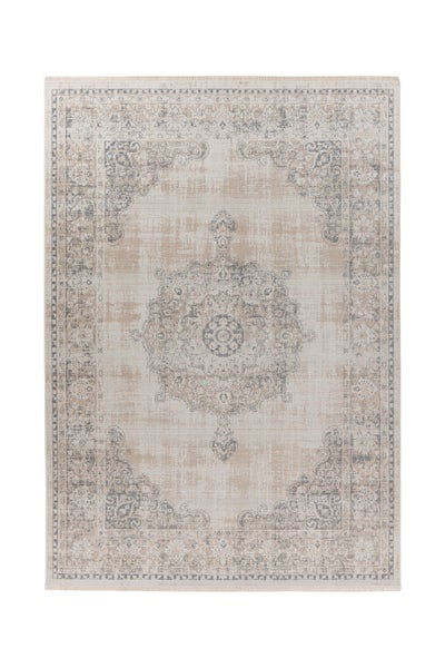Obdélníkový koberec ve vintage stylu s centrálním medailonem a ornamenty v béžové a šedé barvě.