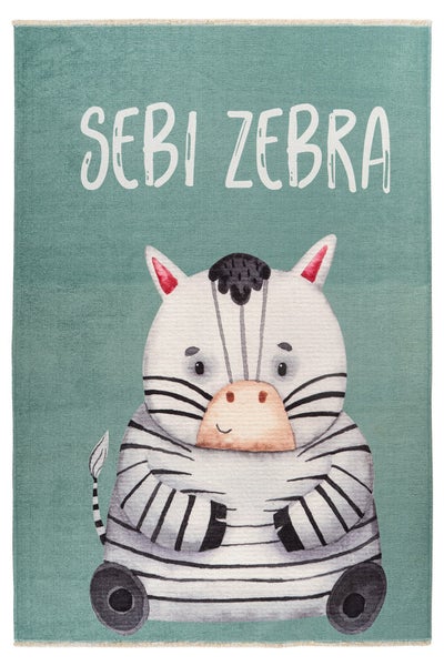 Dětský koberec s motivem zebry a nápisem Sebi Zebra v obdélníkovém tvaru s třásněmi