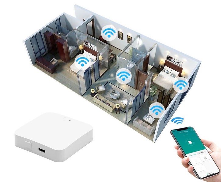 Chytrá domácí brána Smart Home Hub pro ovládání připojených zařízení v bytě s ovládáním přes aplikaci a připojením k síti wifi.
