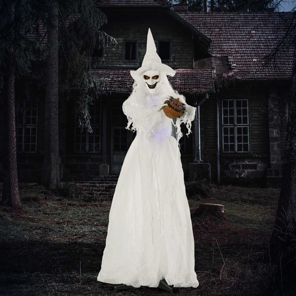 Animovaná halloweenská čarodějnice s dýní a světelnými efekty jako venkovní dekorace
