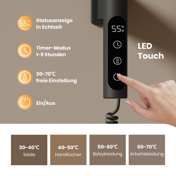 Digitální dotykový panel pro radiátor se zobrazením stavu v reálném čase, časovačem a nastavením teploty od 30 do 70 stupňů pro různé textilie.