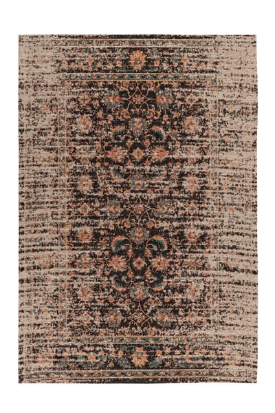 Obdélníkový orientální koberec ve vintage stylu s černo-béžovým vzorem.