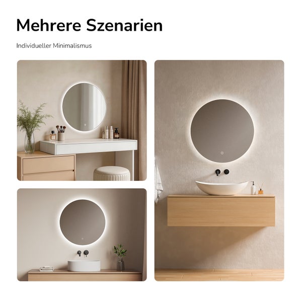 Kulaté LED zrcadlo v různých moderních koupelnových a toaletních scénářích, minimalistický design, nástěnná montáž.