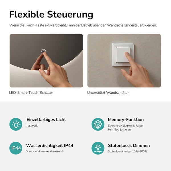 Tři scény s kulatým koupelnovým zrcadlem s LED osvětlením v minimalistickém designu, nad toaletním stolkem a umyvadlovými skříňkami.