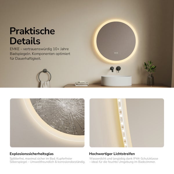Kulaté LED koupelnové zrcadlo s matným rámem v minimalistických koupelnách nad umyvadly a toaletními stolky.