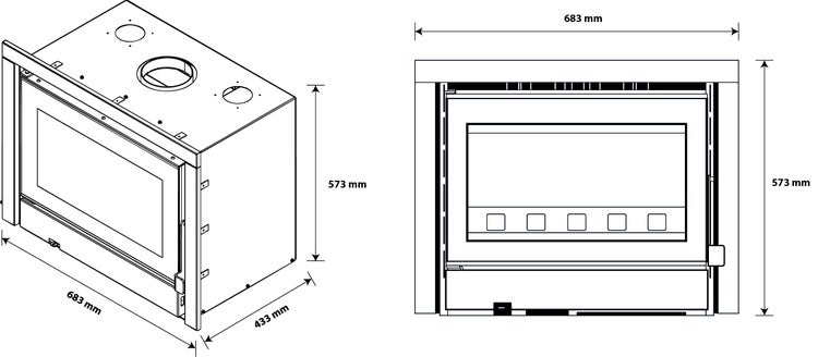 Technický výkres krbu s rozměry 683 mm šířka, 573 mm výška a 433 mm hloubka