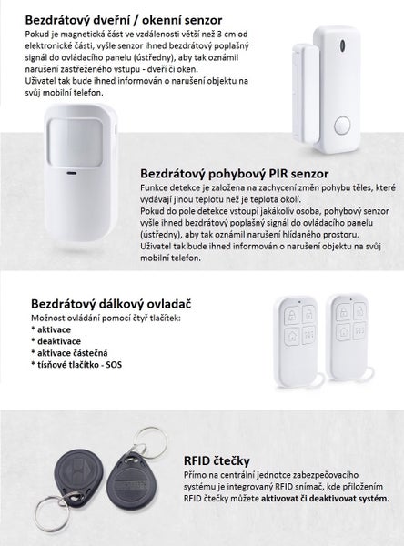 Bezdrátový dveřní a okenní senzor, pohybové PIR čidlo, dálkové ovladače a RFID čipy pro zabezpečovací systém.