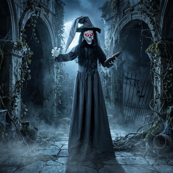 Halloweenská dekorativní figurka čarodějnice s lebkou, svítícíma očima a knihou kouzel v kulisách zříceniny jako strašidelná dekorace na zahradu.