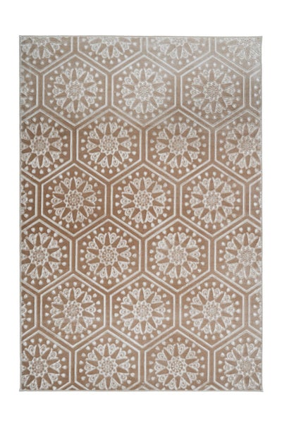 Obdélníkový koberec s geometrickým vzorem šestiúhelníků a kruhovými květinovými ornamenty.