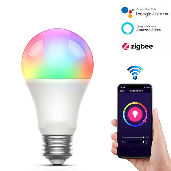 Chytrá LED žárovka s RGB změnou barev ovládatelná aplikací kompatibilní s Google Assistant Amazon Alexa a Zigbee