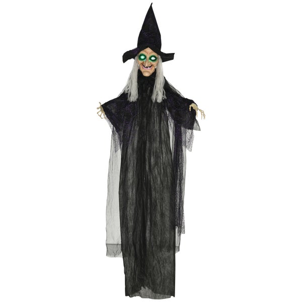 Závěsná dekorace čarodějnice s kloboukem a zářícíma očima na Halloween
