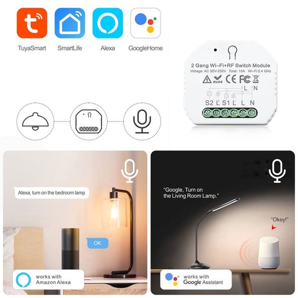 Dvoukanálový Wi-Fi a RF podomítkový spínací modul pro chytrou domácnost s podporou hlasového ovládání.