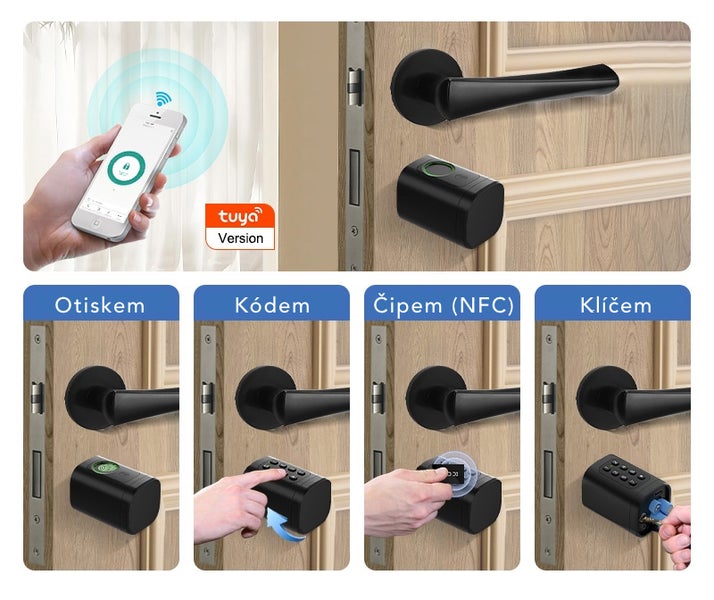 Chytrý zámek dveří s ovládáním přes aplikaci Tuya a čtyřmi způsoby odemykání: otiskem prstu, kódem, NFC čipem a mechanickým klíčem.