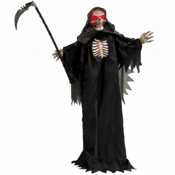 Animovaná halloweenská dekorace postava smrtky se svítícíma očima a kosou