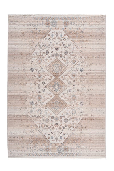 Obdélníkový koberec s krátkým vlasem ve vintage stylu s centrálním kosočtvercovým vzorem, orientálními ornamenty a třásněmi.