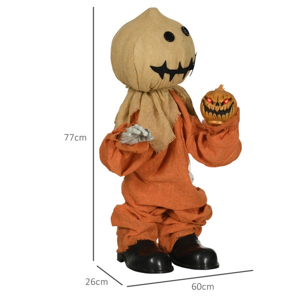 Halloweenská dekorativní figurka s dýní o rozměrech 77 cm výška, 26 cm hloubka a 60 cm šířka.