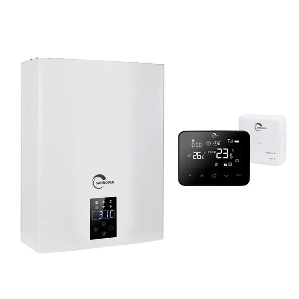Elektrický kotel Sannover s digitálním termostatem a přijímačem pro efektivní vytápění.