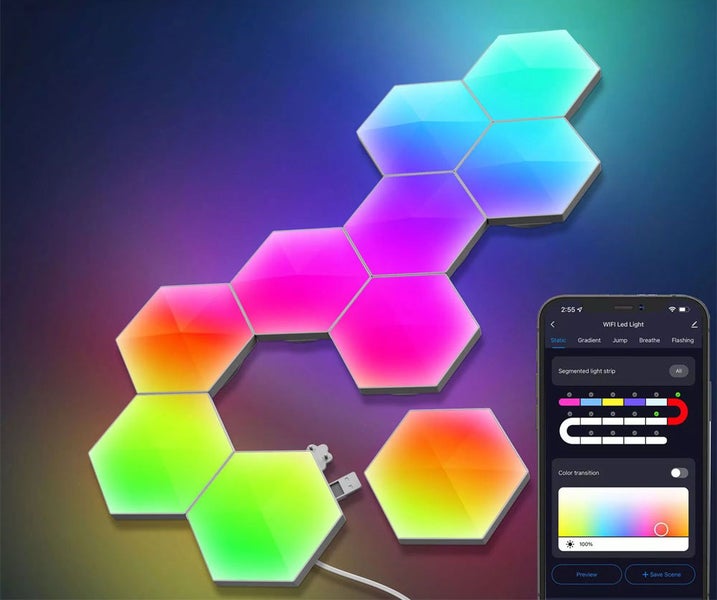 Wi-Fi LED nástěnná svítidla ve tvaru šestiúhelníku s ovládáním přes aplikaci pro nastavení barev a světelných efektů.