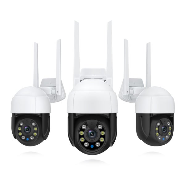 Tři venkovní Wi-Fi bezpečnostní kamery s funkcí otáčení a naklánění a integrovaným osvětlením pro monitorování.